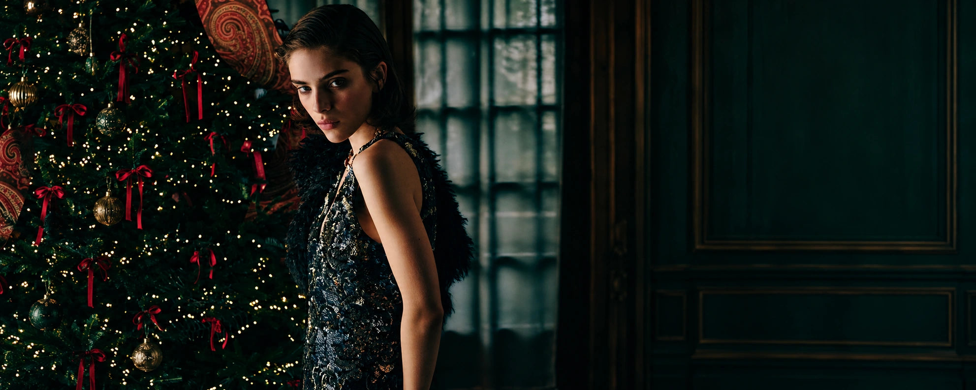 Etro, embroidered black dress in a green interior